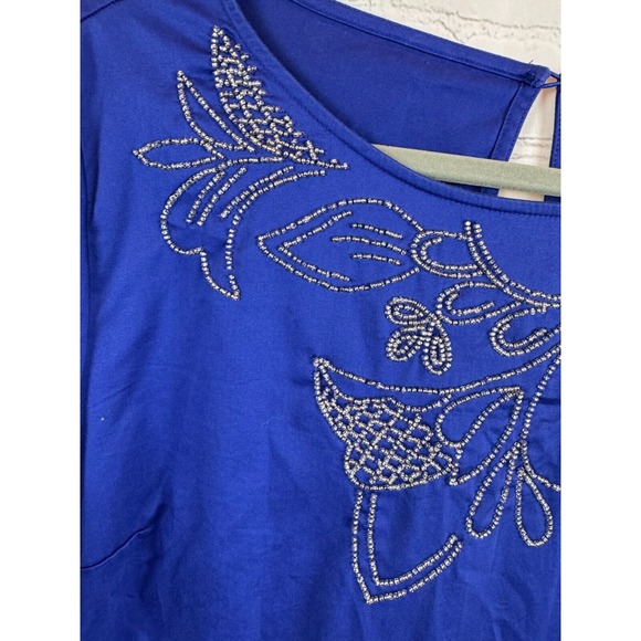 CHICO'S royal blue cotton stretch beaded top blouse tunic size 2 12 L - Picture 2 of 9